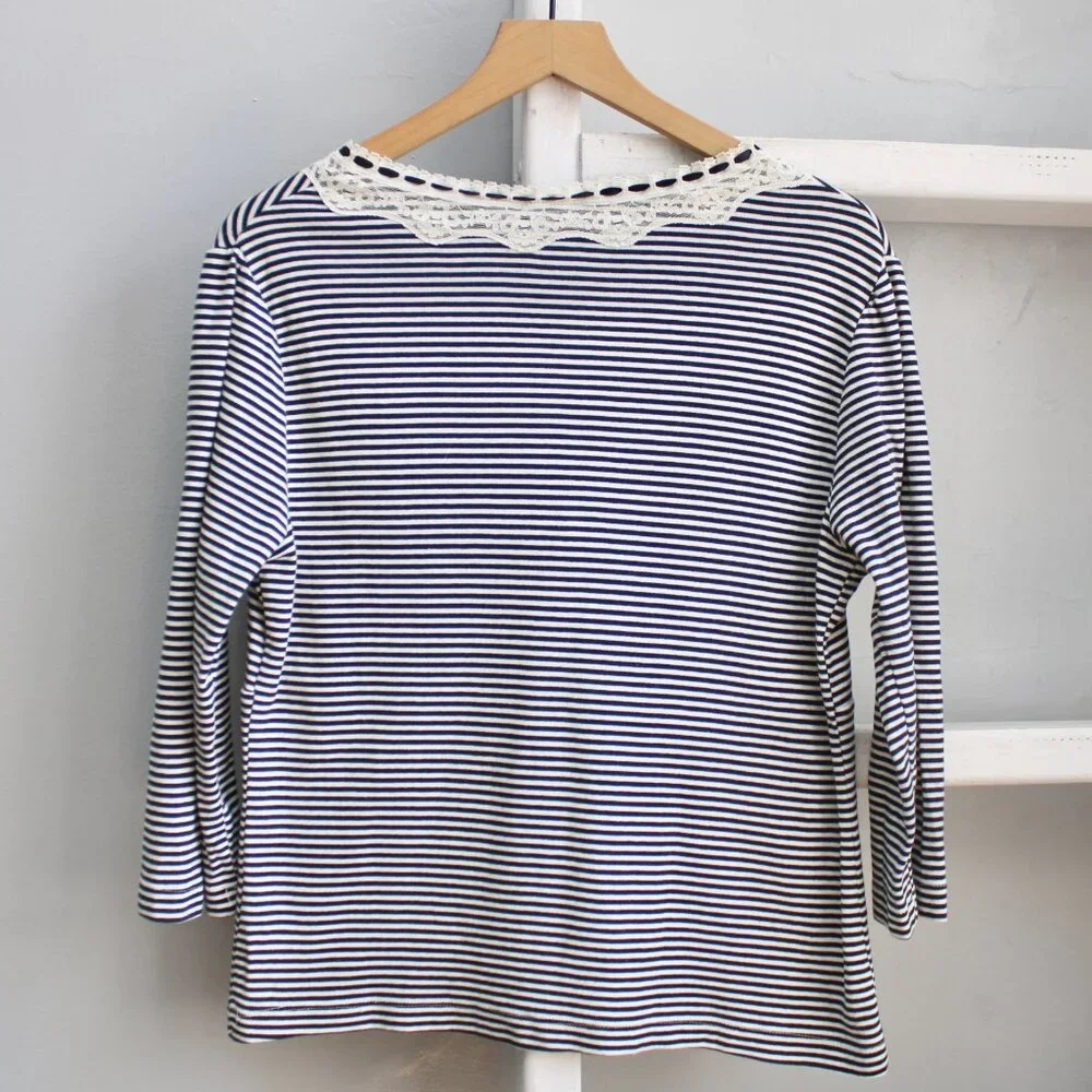 White Stag VTG Preppy Goth Black White Striped Lace Bow 3/4 Sleeve Top​​ Size XL - Picture 2 of 4